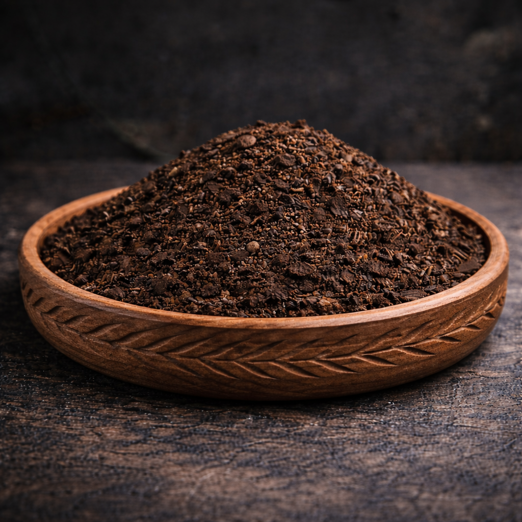 Black soldier fly Organic fertilizer (frass) in a wooden dish