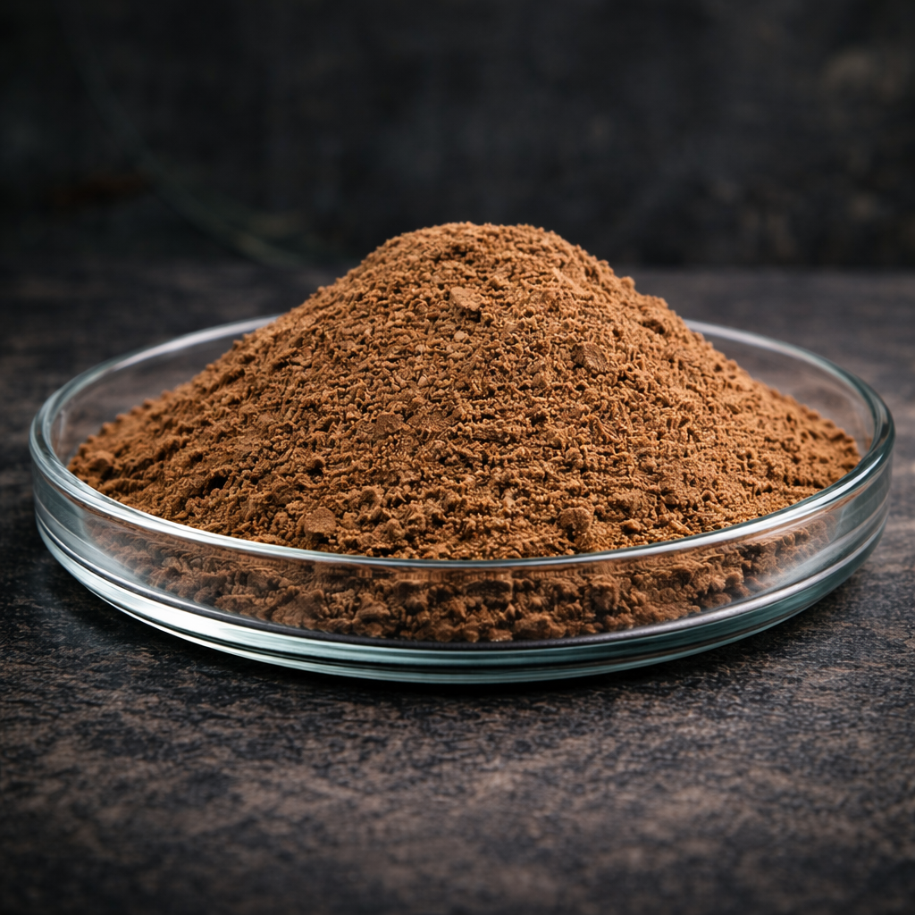 Black soldier fly protein meal powder in a glass dish